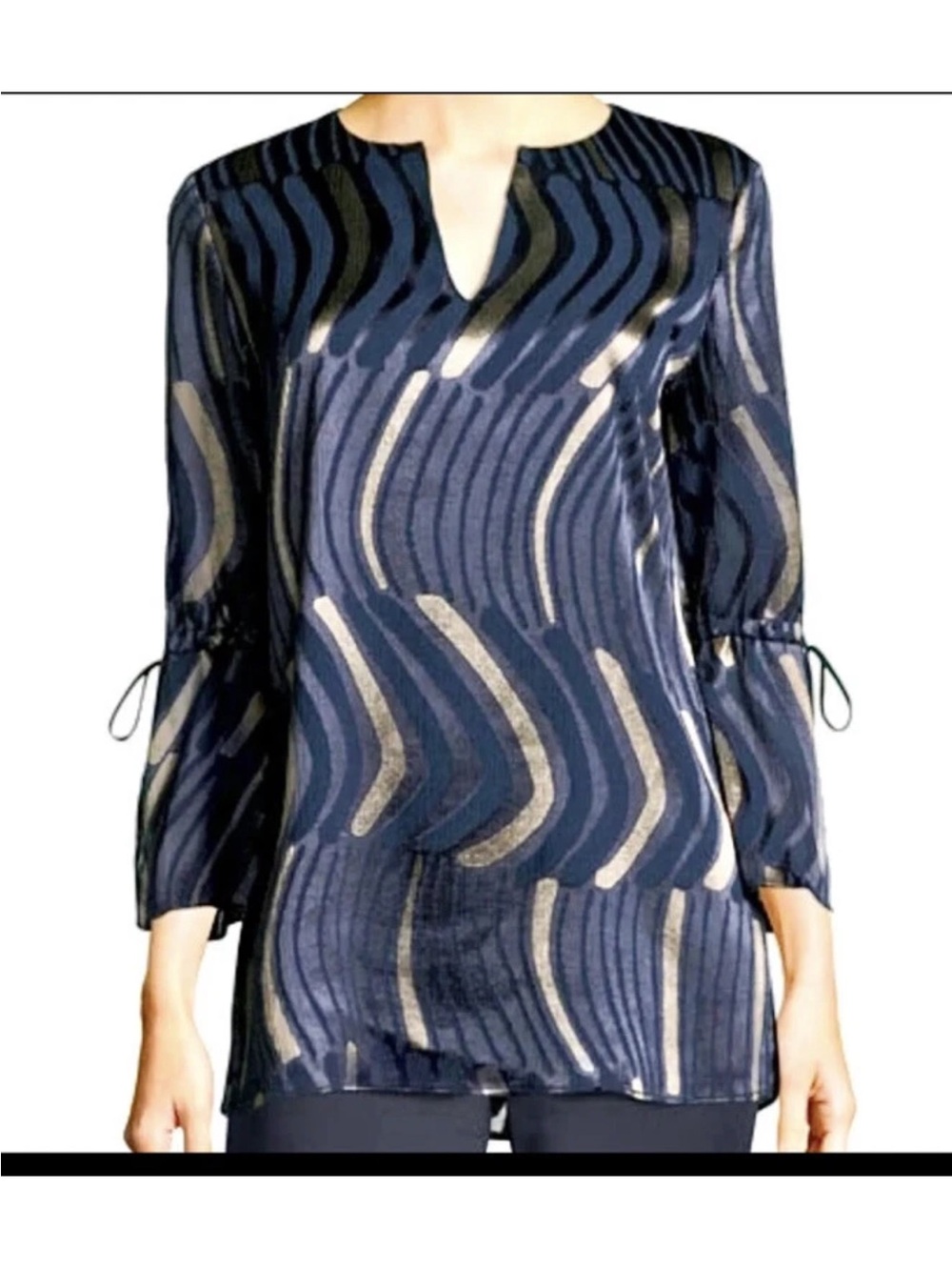 Lafayette 148 Navy Fil Coupe Satin Bell Cuff Tunic Blouse V-neck Sz Medium